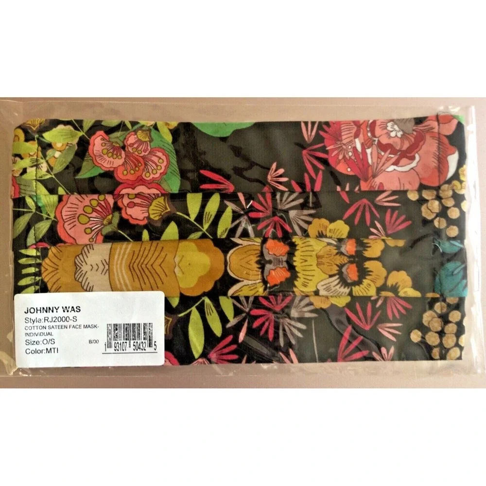 JOHNNY WAS Gorgeous Designer Face Mask Covering Black Multi Floral Stripes NEW